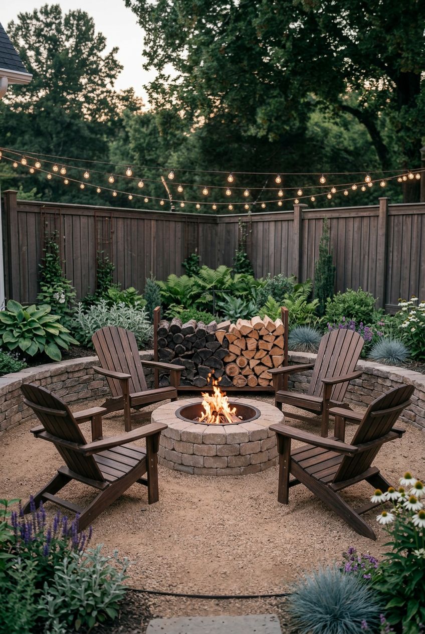 A simple yet stylish patio layout with a round fire pit constructed from stacked tan pavers, centered on a decomposed granite and stone circ.