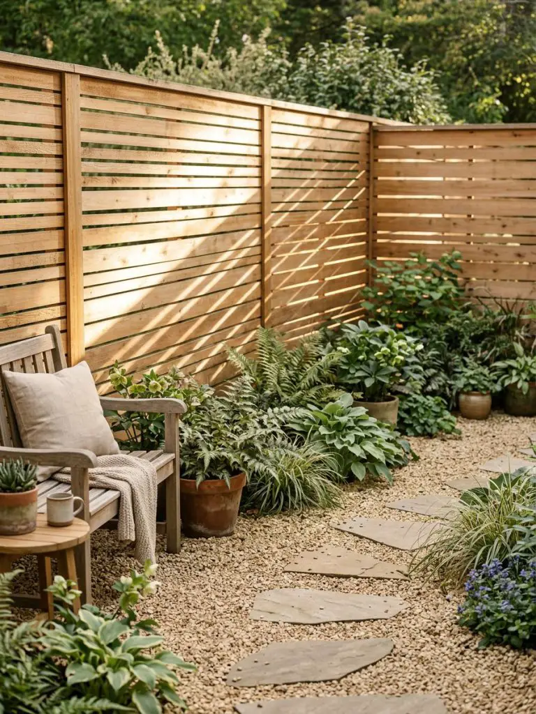 A compact backyard garden with slatted cedar fencing that filters light in a Warm Minimalist + Modern Rustic style.