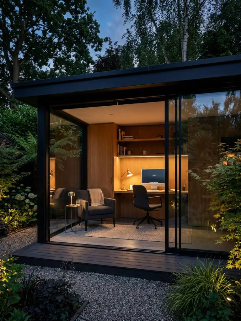 A sleek black garden office with full glass walls, designed in contemporary modern style.