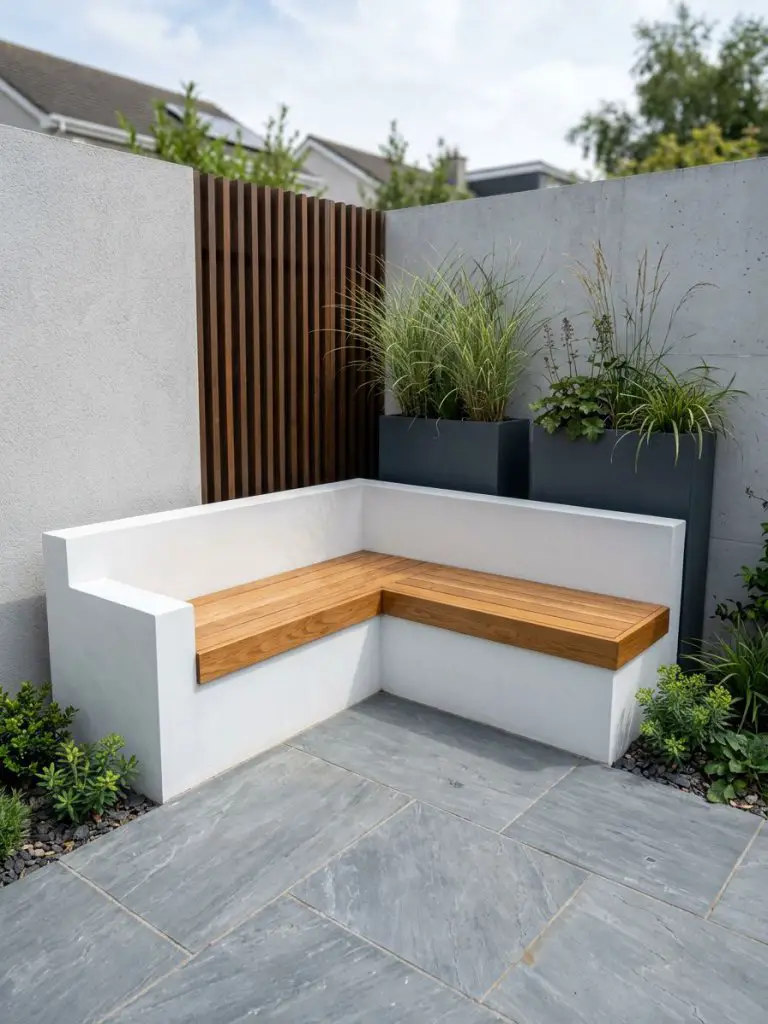 A sleek modern small garden corner featuring a built-in L-shaped bench crafted from smooth white concrete with a polished wooden seating sur.