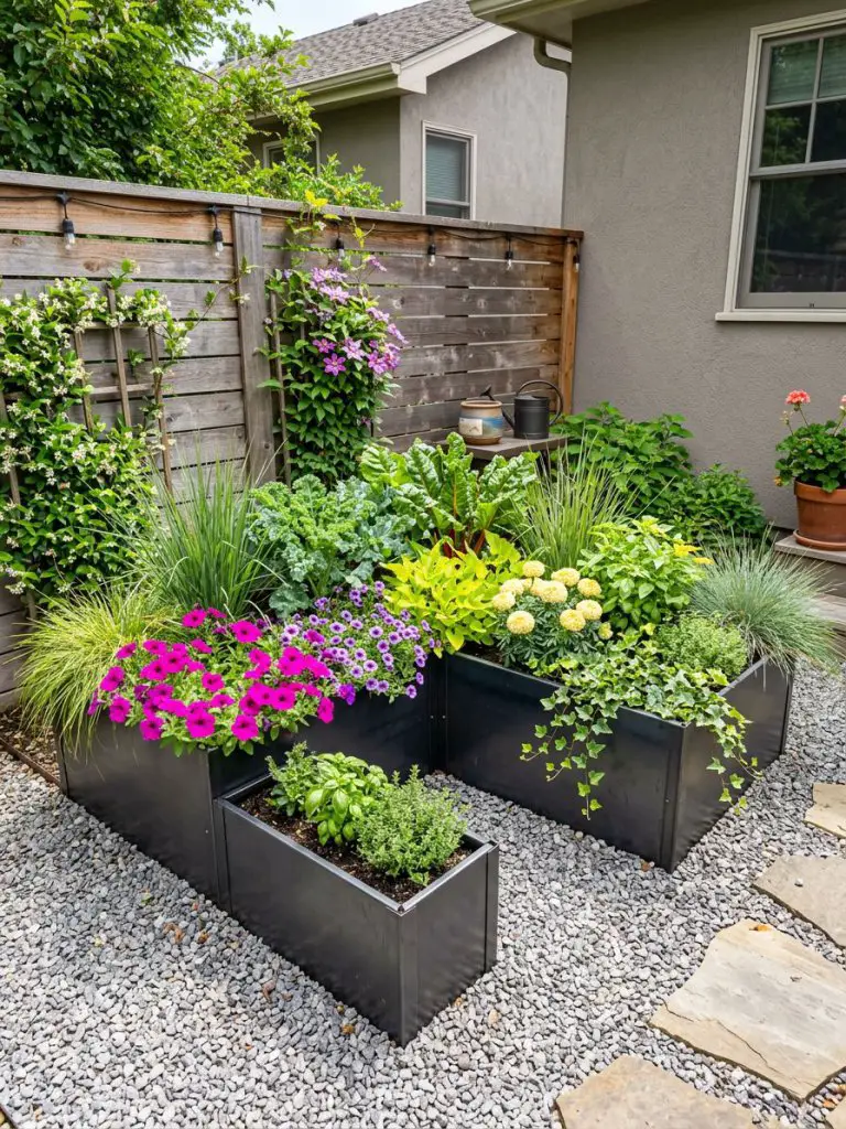 A compact small backyard corner featuring sleek modular metal raised garden beds in a modern rustic style, arranged in an L-shape to maximiz.