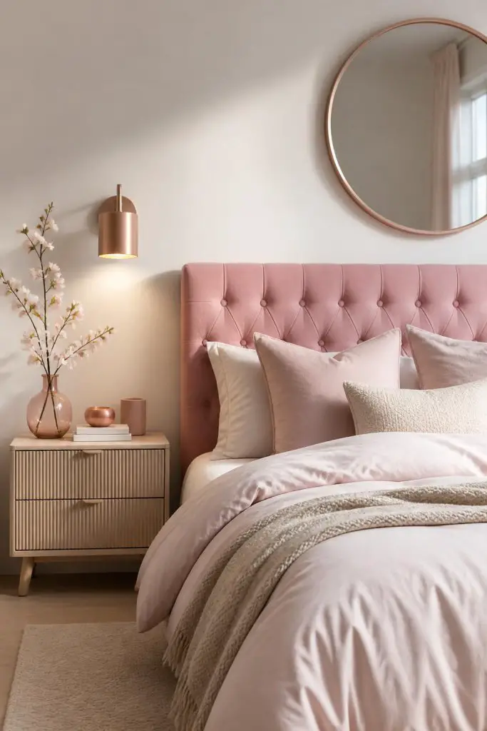 A sleek minimalist bedroom dominated by a pale blush pink tufted headboard paired with subtle, tone-on-tone bedding.