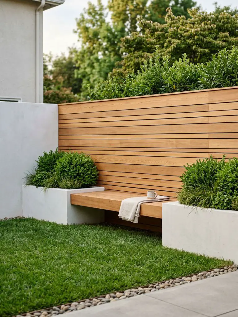 A small backyard corner featuring a sleek modern fence with integrated planter boxes and a floating wooden bench, designed in a warm minimal.