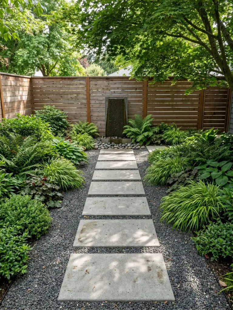 A small modern garden featuring a sleek stepping stone pathway set within a warm minimalist and modern rustic design.