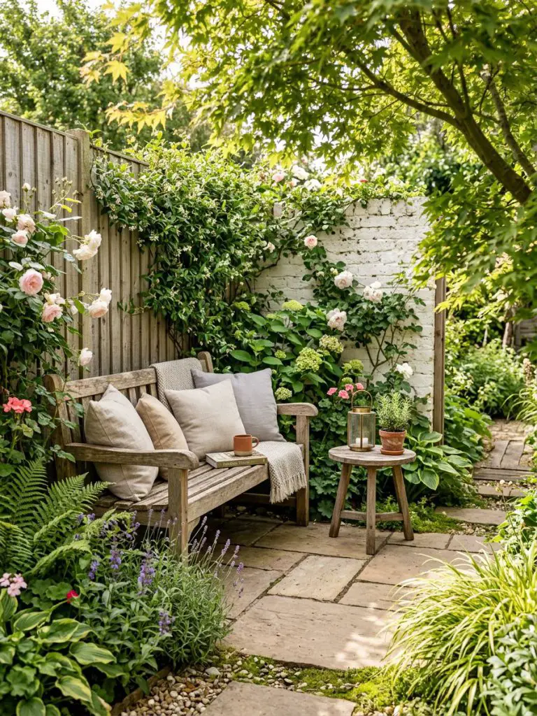 A cozy small back garden with a paved patio corner, designed in warm minimalist and modern rustic style.