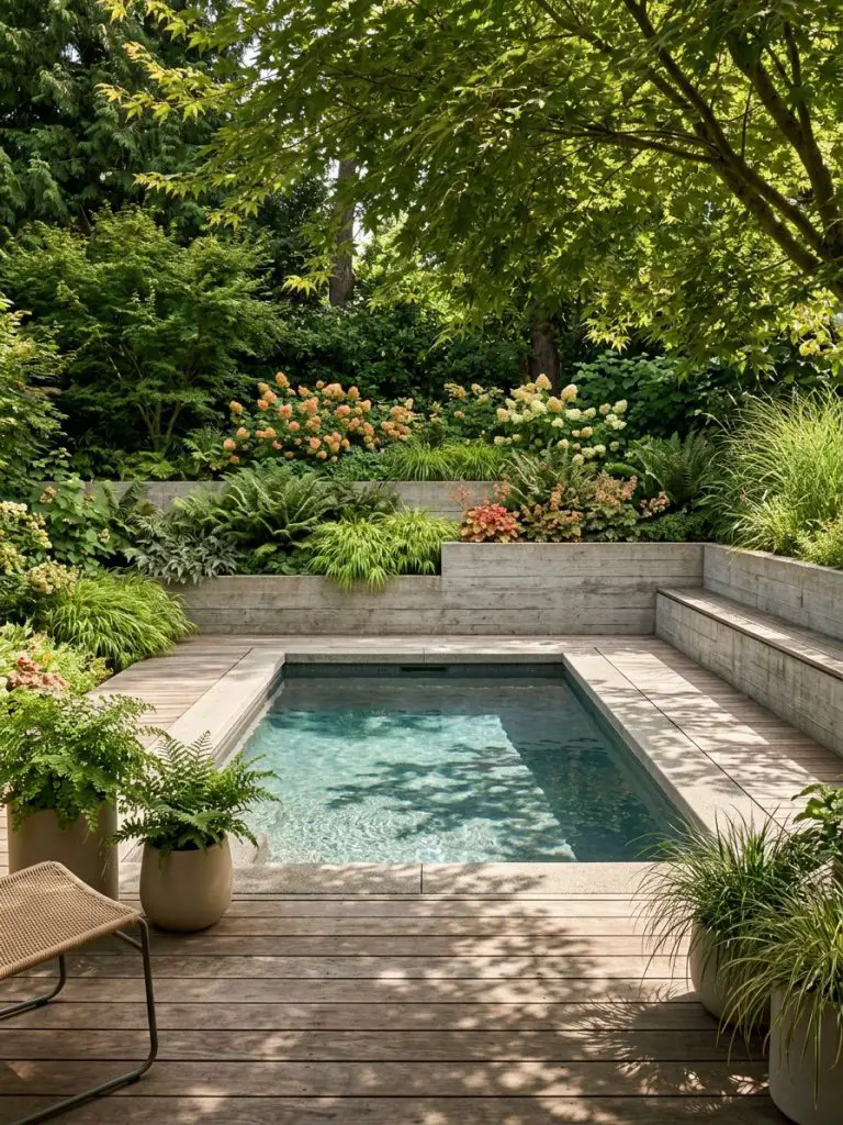 A small backyard landscaping with pool concept featuring layered greenery in a warm minimalist style.