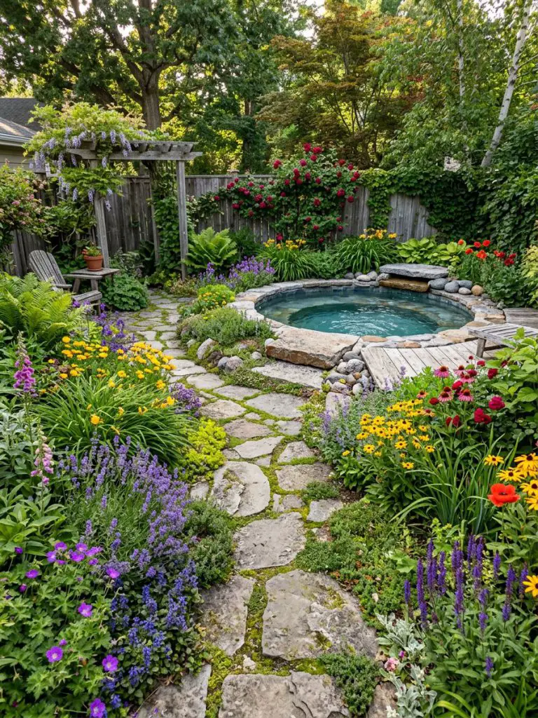 A small backyard idea with pool featuring a winding stone pathway leading to a compact plunge pool.