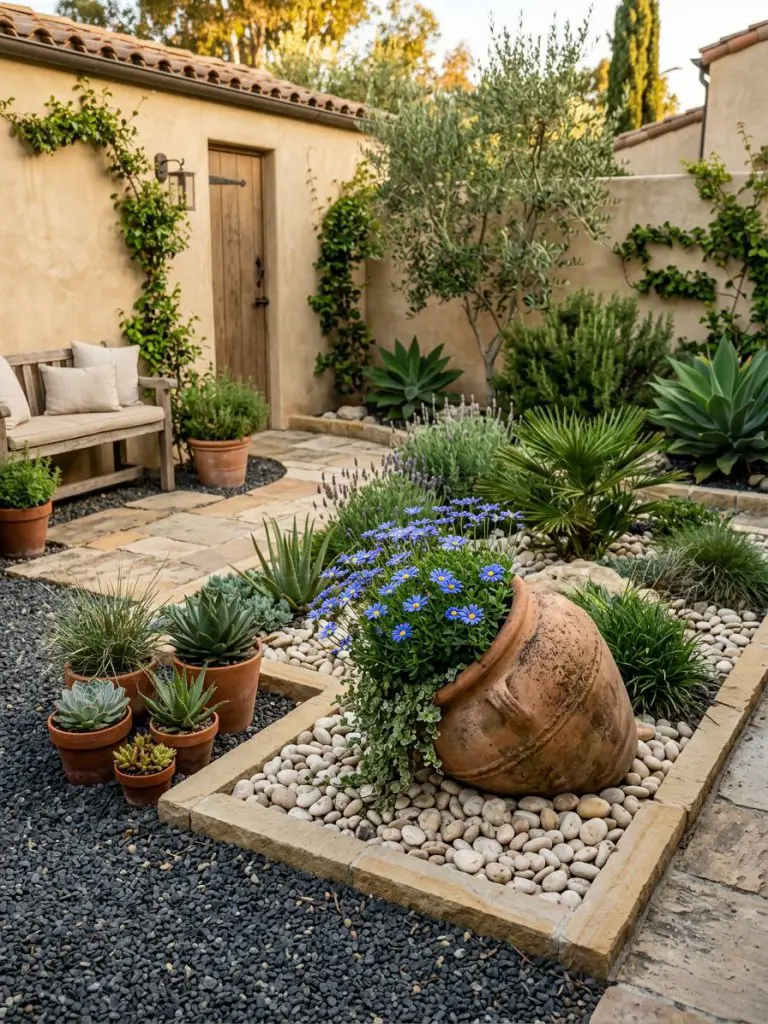 A compact courtyard rockery garden styled with terracotta planters, smooth pebbles, and minimalist greenery in a warm Mediterranean-inspired.