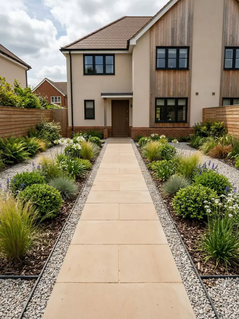A small front garden design with a clean paved pathway and minimalist planting, blending modern rustic and warm neutral tones.