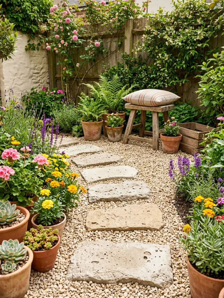 A budget-friendly small garden featuring DIY stepping stones across a compact paved area, styled in warm minimalist and rustic tones.