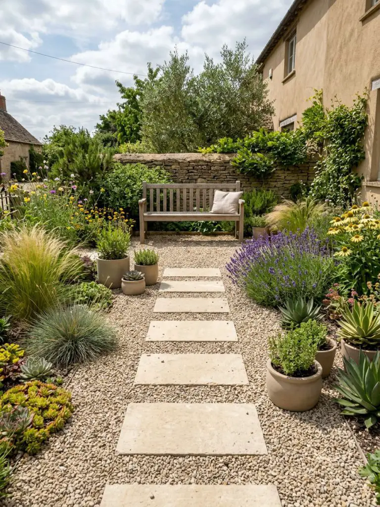 A low-maintenance small garden with a blend of gravel and large stepping pavers, designed in a warm minimalist and modern rustic aesthetic.