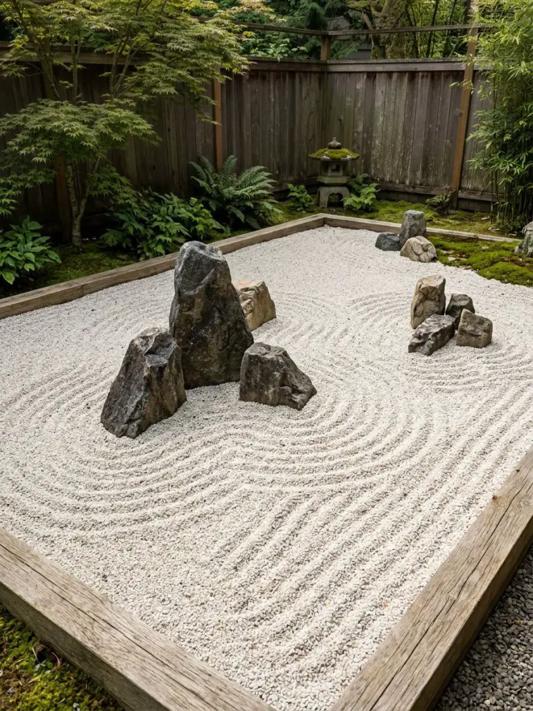 A small backyard designed as a traditional Japanese Zen gravel garden with carefully raked wave patterns flowing around three asymmetrical s.