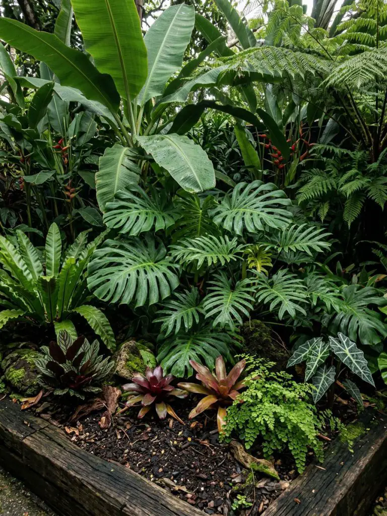 A small jungle garden idea featuring dense tropical foliage layered to create depth in a compact space.