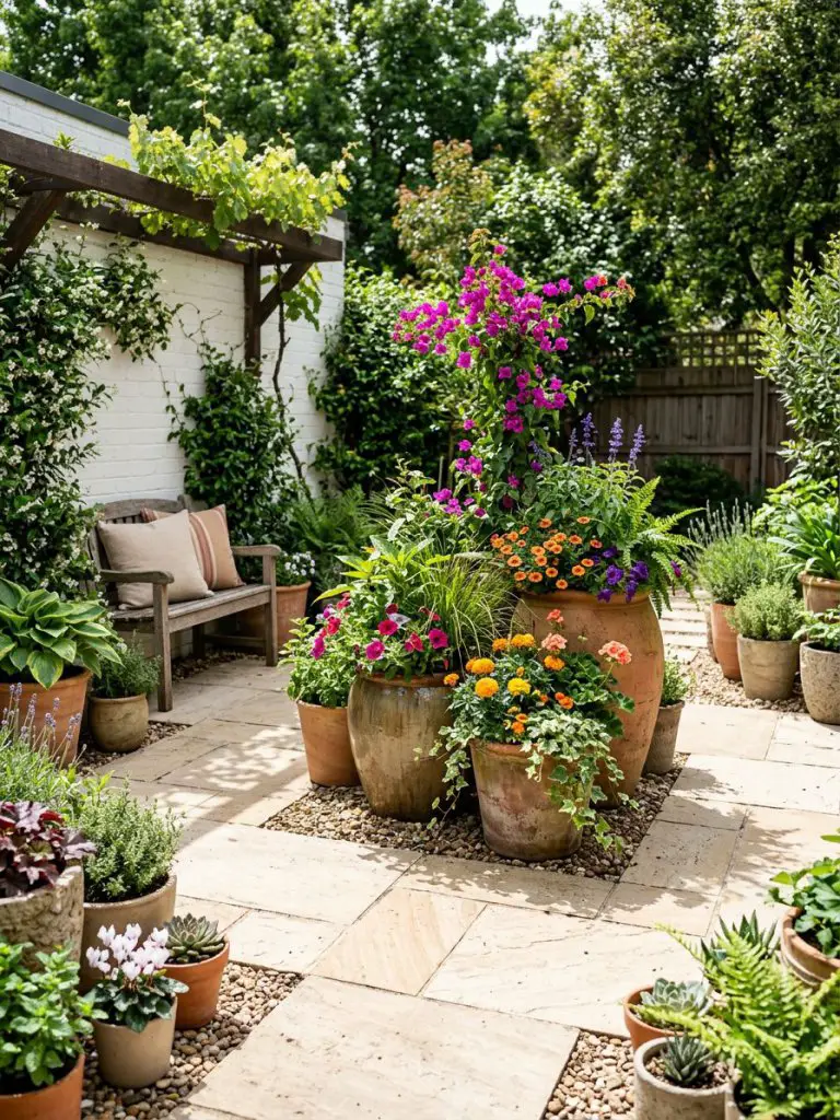 A small backyard garden featuring layered container planting integrated into a paved layout, designed in a warm minimalist and modern rustic.