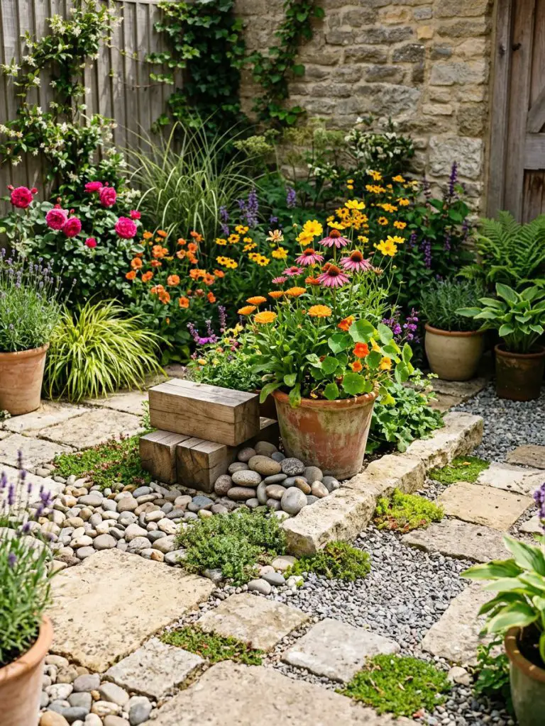 A small paved garden showcasing mixed textures and vibrant planting, styled in warm minimalist and modern rustic design.