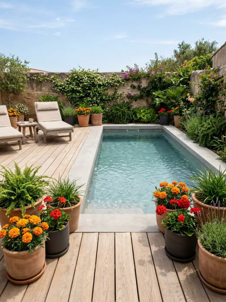 A small pool area with a wooden deck and vibrant potted plants arranged for visual impact.