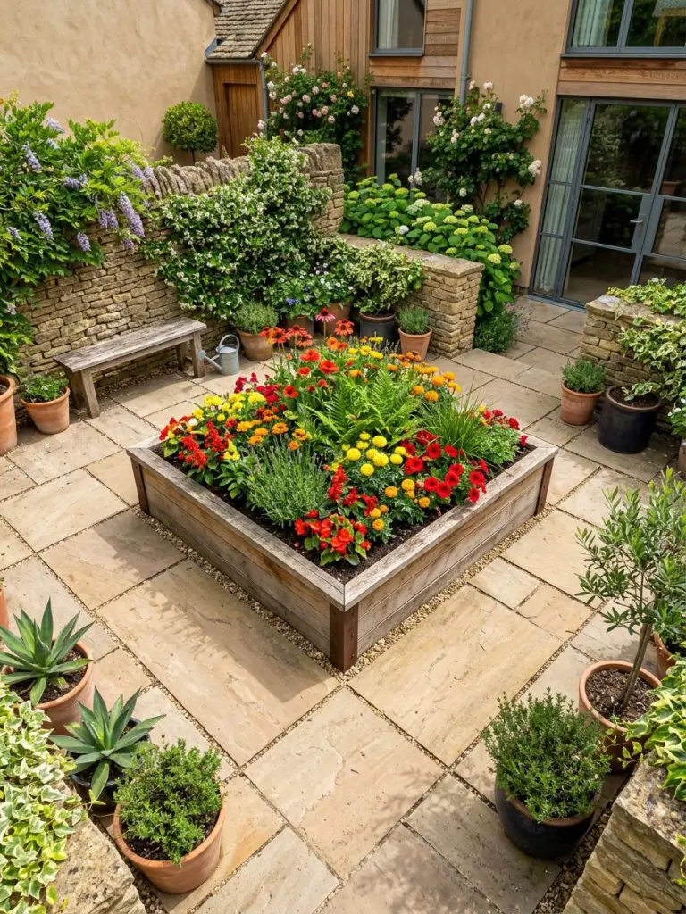 A small square garden with a central feature planter surrounded by paving, designed in warm minimalist and modern rustic style.