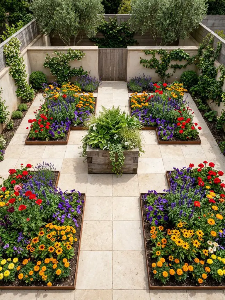 A small square garden with a symmetrical paved layout, designed in a warm minimalist and modern rustic style.