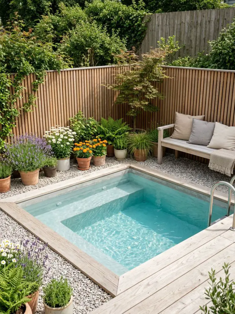 A small swimming pool tucked into a cozy backyard corner, designed in a Scandinavian-meets-modern rustic style.