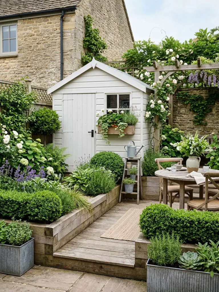 A structured small terrace garden featuring a garden shed and layered greenery.