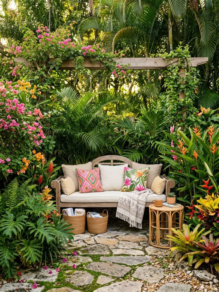 A small tropical backyard designed with a cozy seating nook surrounded by greenery and colorful flowers.