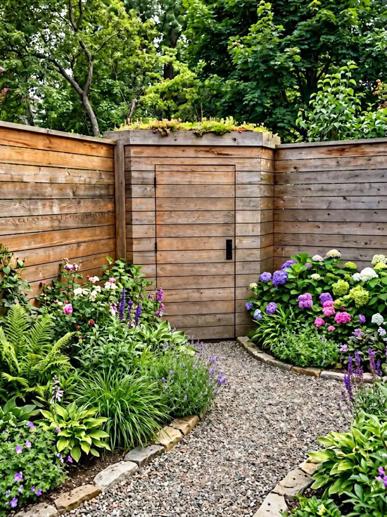 A small triangular backyard garden with three sharp edges featuring a cleverly camouflaged storage unit built into the tightest corner.