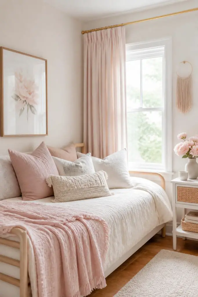 This airy blush bedroom is accented with dreamy daylight streaming in through large windows, filling the space with warmth.