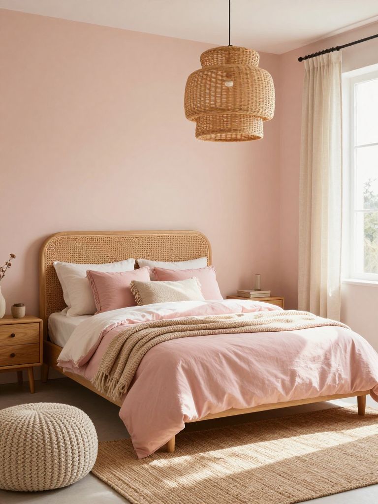 A blush pink boho bedroom styled with Warm Minimalist and Coastal Bohemian influences featuring a woven rattan headboard, pale peach walls.