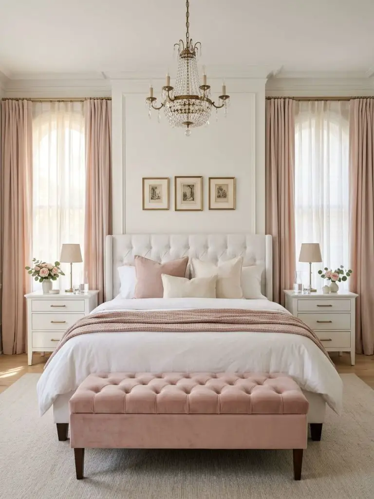 A serene blush pink coquette bedroom blending classic elegance with soft feminine minimalism.