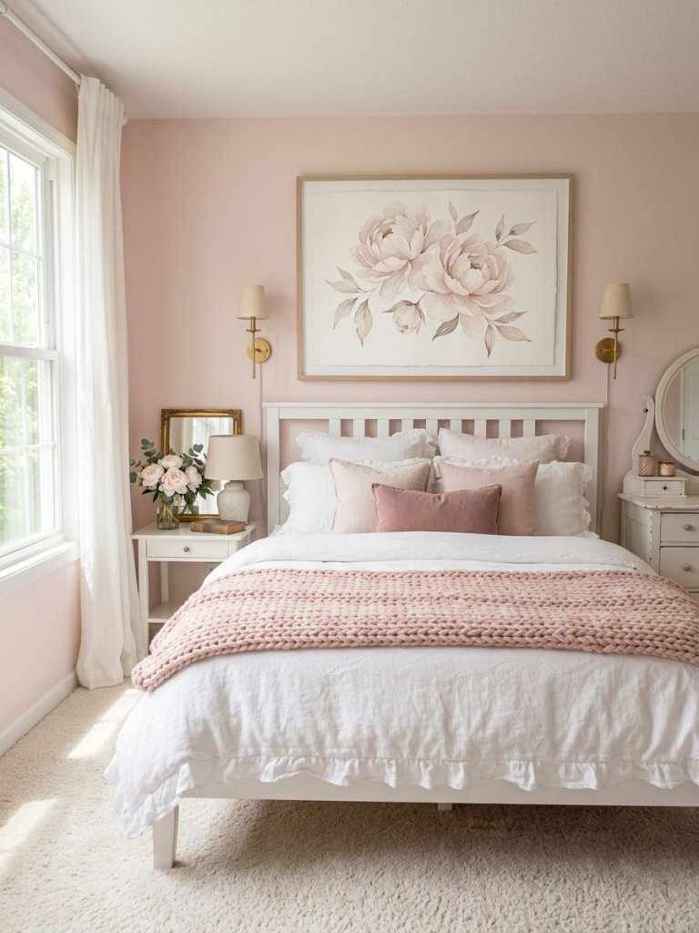 A dreamy pink and white bedroom designed in a soft romantic cottage style with blush pink painted walls, white layered bedding, knitted blus.