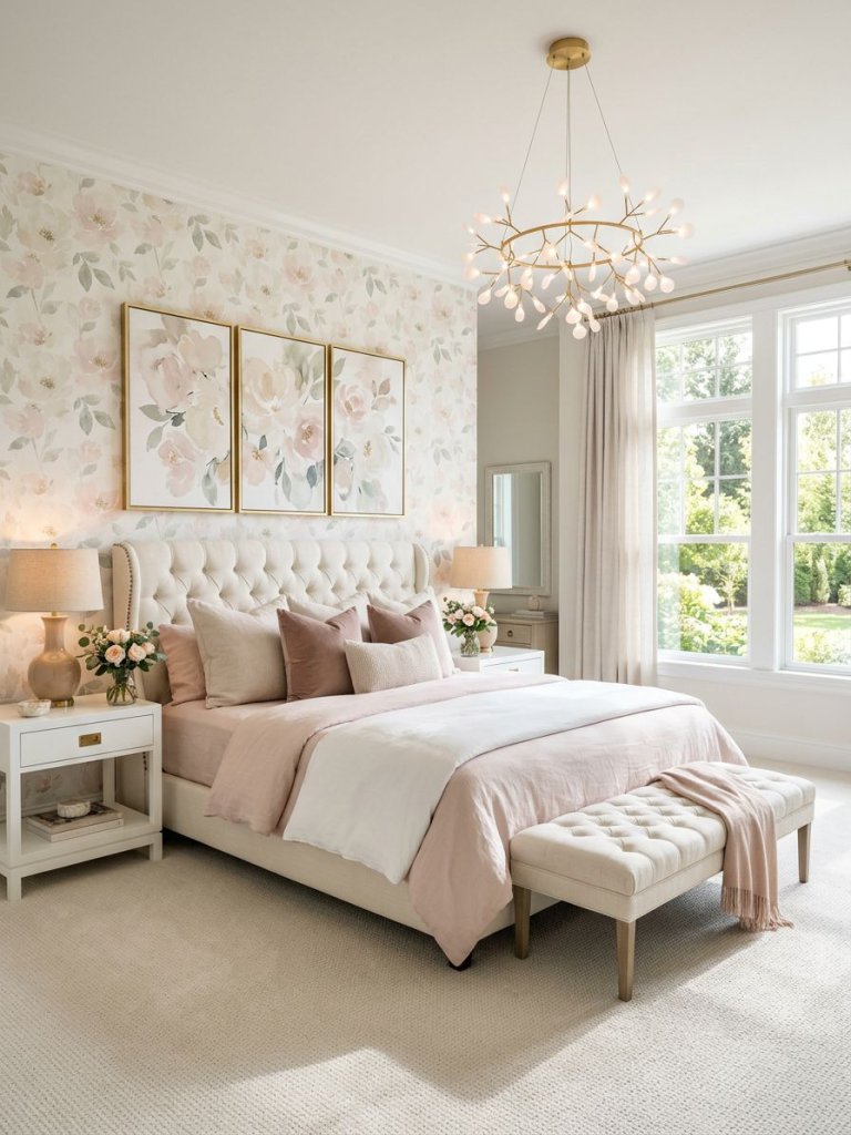 A soft blush floral bedroom designed in an airy modern classic style with watercolor-inspired floral wallpaper in pale pink and ivory tones.