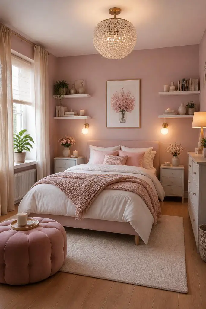 A cozy pink bedroom designed in a warm minimalist and modern feminine aesthetic with blush pink walls, soft white bedding, pale oak flooring.