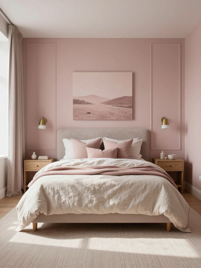 A serene dusty pink bedroom designed in a warm minimalist Scandinavian style with soft blush wall panels, pale oak nightstands, creamy linen.