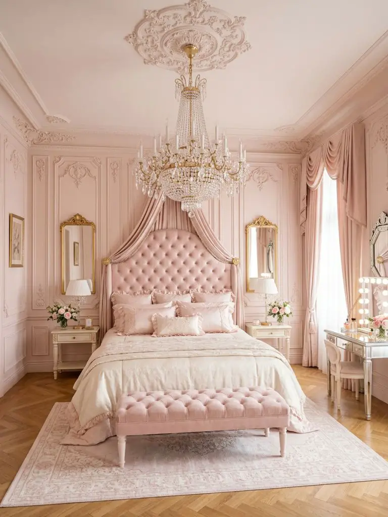 A soft blush pink palace bedroom designed in an elegant French neoclassical style with an ornate tufted headboard framed beneath an oversize.