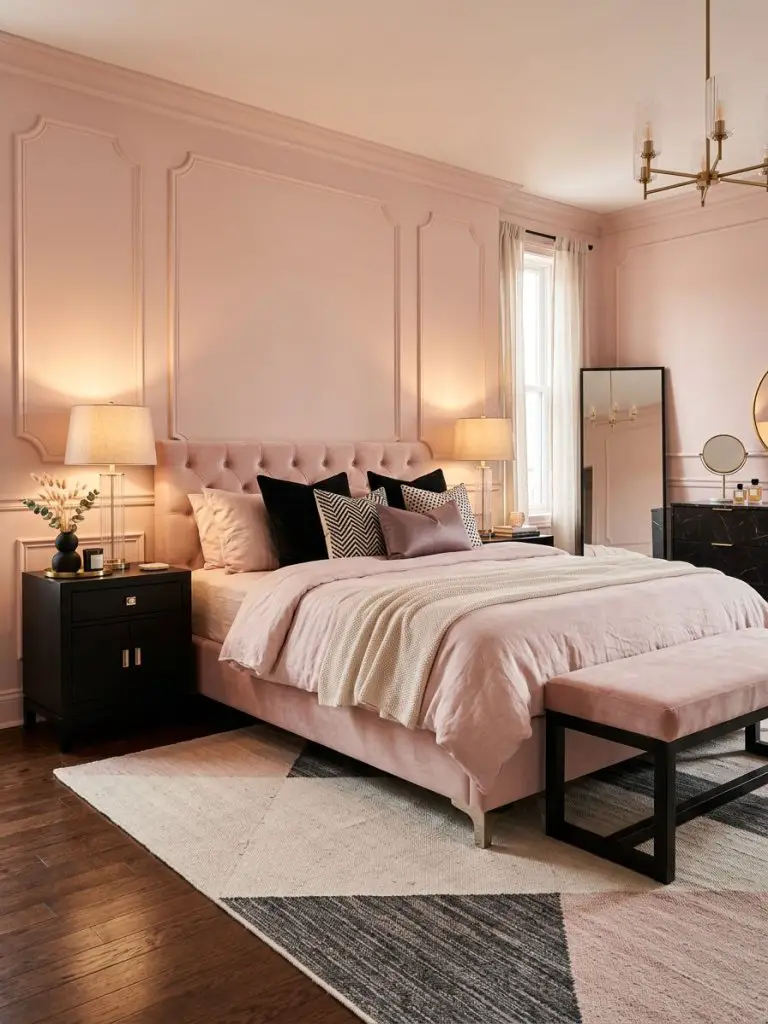 A chic modern glam bedroom styled with blush pink walls, black furniture accents, and soft feminine details captured in interior photography.