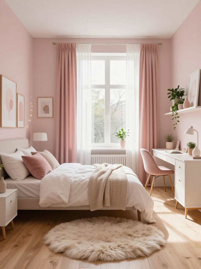 A soft blush pink bedroom with a cozy study nook designed in Scandinavian Warm Minimalist style with feminine pastel accents.