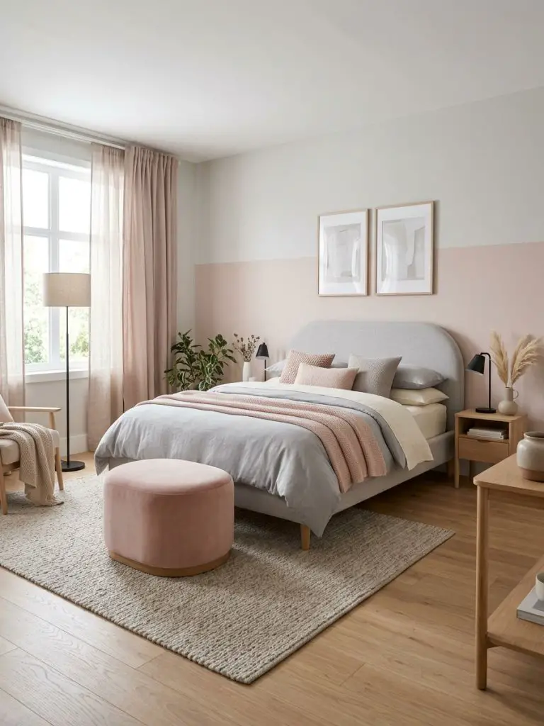 A soft contemporary pink and grey bedroom with an airy feminine atmosphere and elegant minimalist styling.