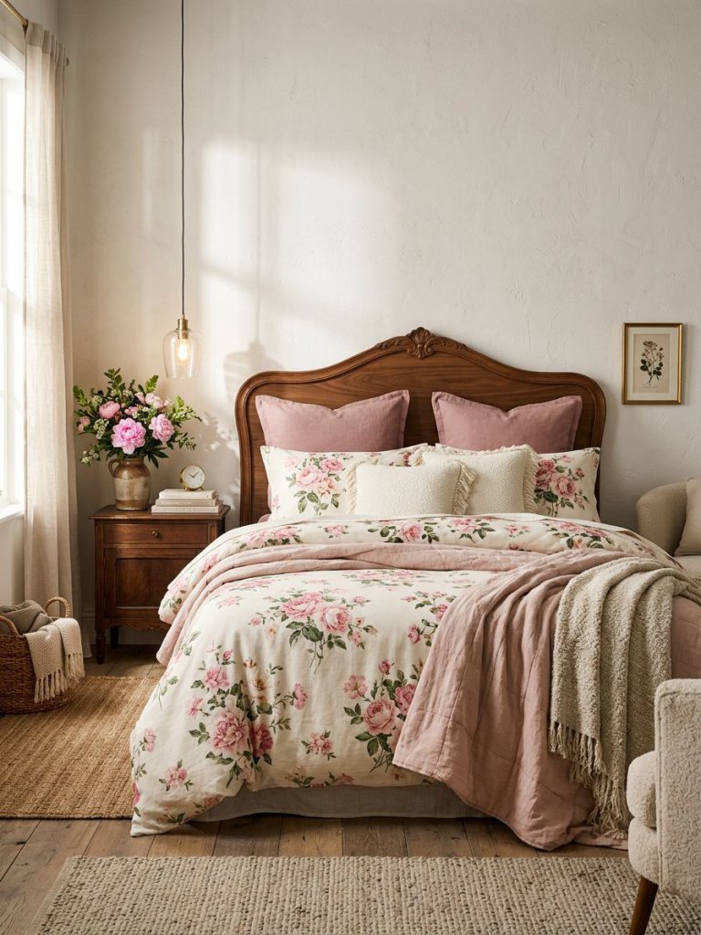 A serene cottagecore-inspired bedroom featuring elegant floral bedding layered with romantic pink rose prints and soft ivory linen textures.