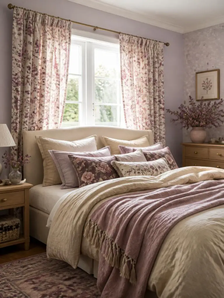 A charming cottagecore purple floral bedroom featuring soft lavender walls paired with flowing botanical curtains in muted mauve, dusty rose.