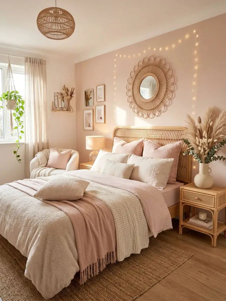 A soft feminine pink boho bedroom filled with airy textures and romantic styling inspired by Scandinavian and modern bohemian interiors.