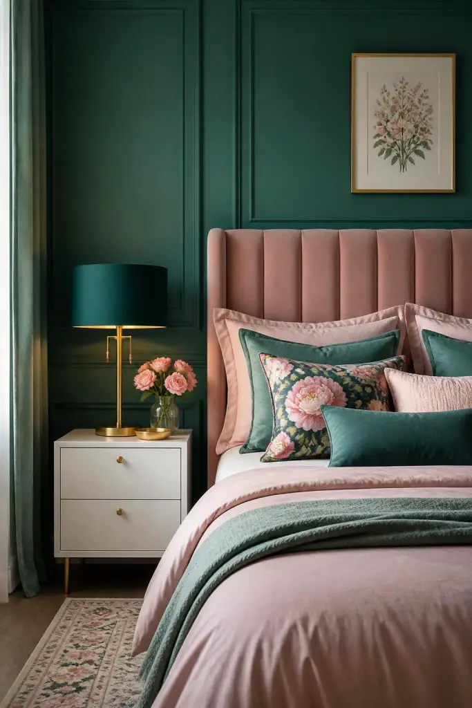 A romantic and serene bedroom with deep teal panelled walls and a tall blush velvet headboard, dressed with floral and solid teal pillows.