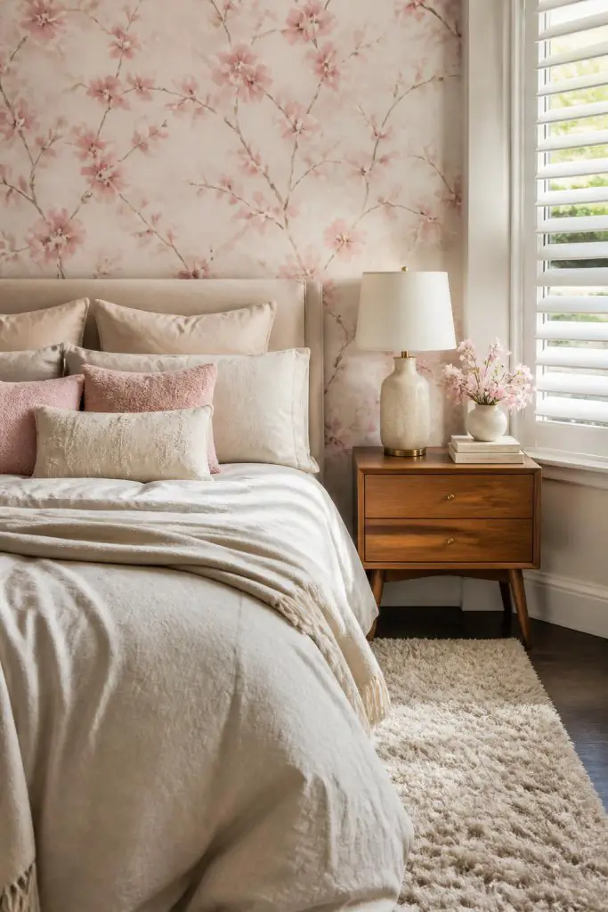 Create a relaxed bedroom featuring subtle pink floral wallpaper with watercolor cherry blossom details, setting a gentle, modern tone.