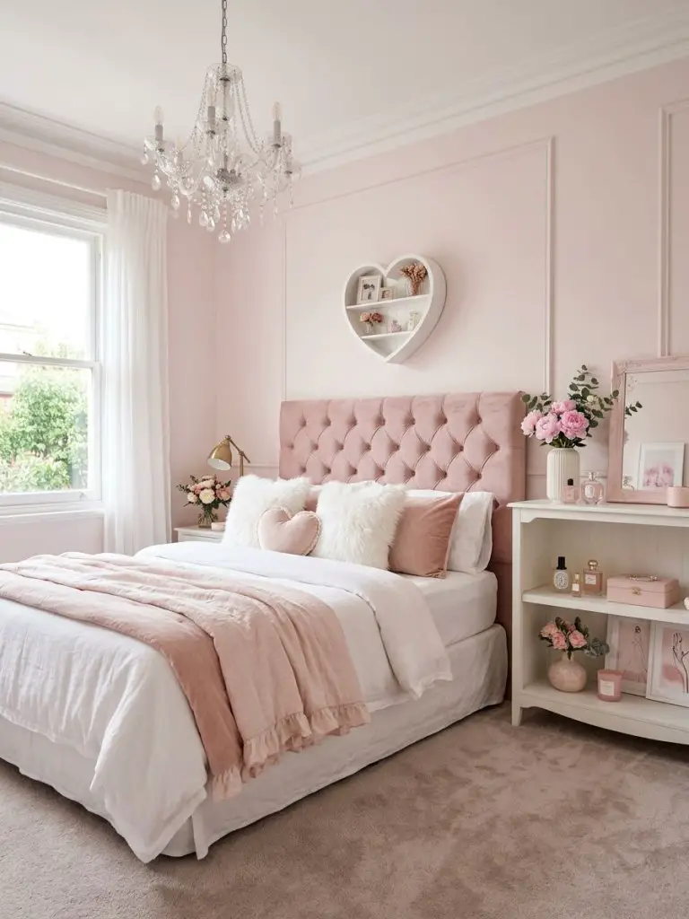 A soft glam pink bedroom with boudoir-inspired decor and delicate feminine styling.