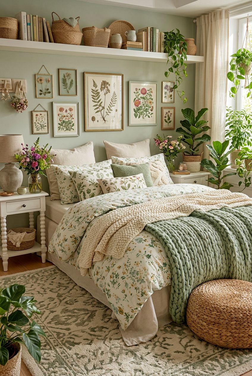 Evoke a nurturing garden oasis with layers of green and cream textiles, chunky knit throws, and abundant botanical prints on the walls and p.