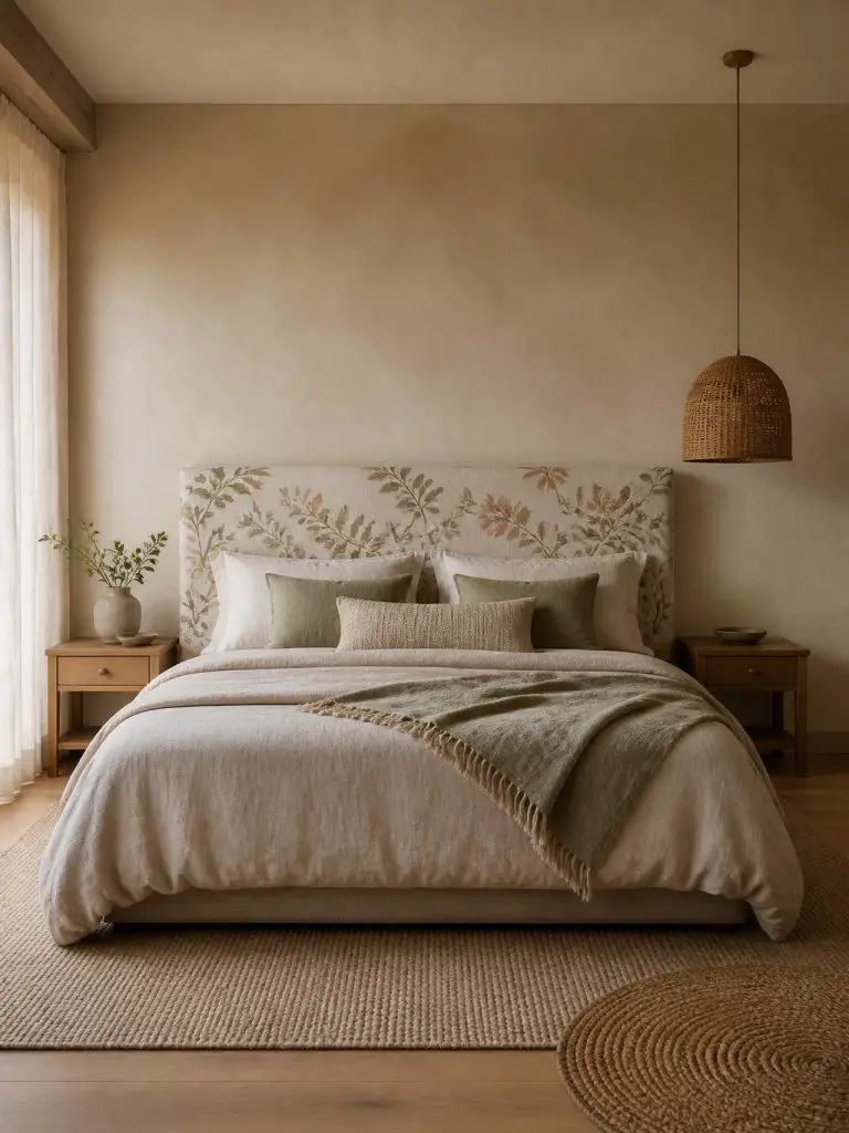 A calming Japandi-inspired bedroom featuring a soft floral headboard with subtle botanical patterns in oat, warm beige, muted sage, and pale.