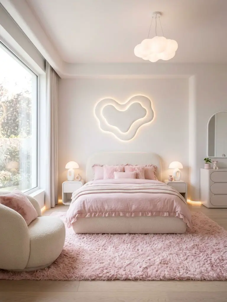 A soft kawaii-inspired pink bedroom designed with playful modern decor featuring oversized glowing wall art, boucle upholstered furniture, f.