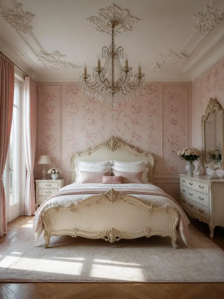 A soft Parisian-inspired bedroom featuring delicate rosebud wallpaper spread elegantly across pale pink walls and ornate ceiling detailing.