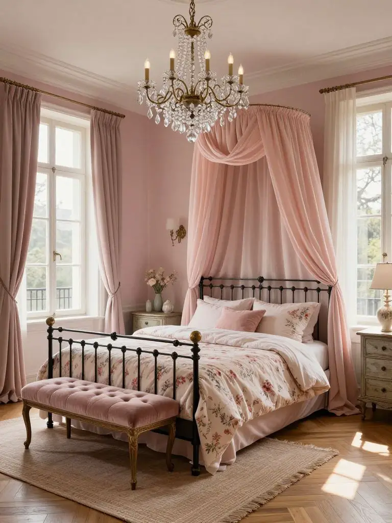 A romantic Parisian-inspired pink bedroom with a black iron bed frame, flowing blush drapery, and elegant crystal chandelier lighting that c.
