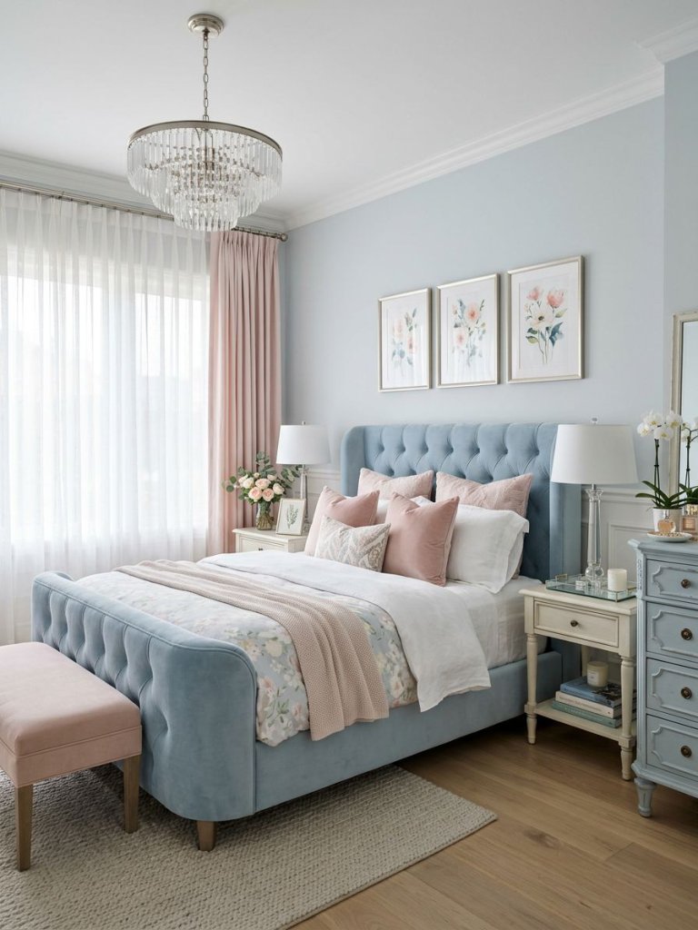 A sophisticated pastel blue and pink bedroom designed in Soft Glam and Transitional style with refined feminine details and airy symmetry.