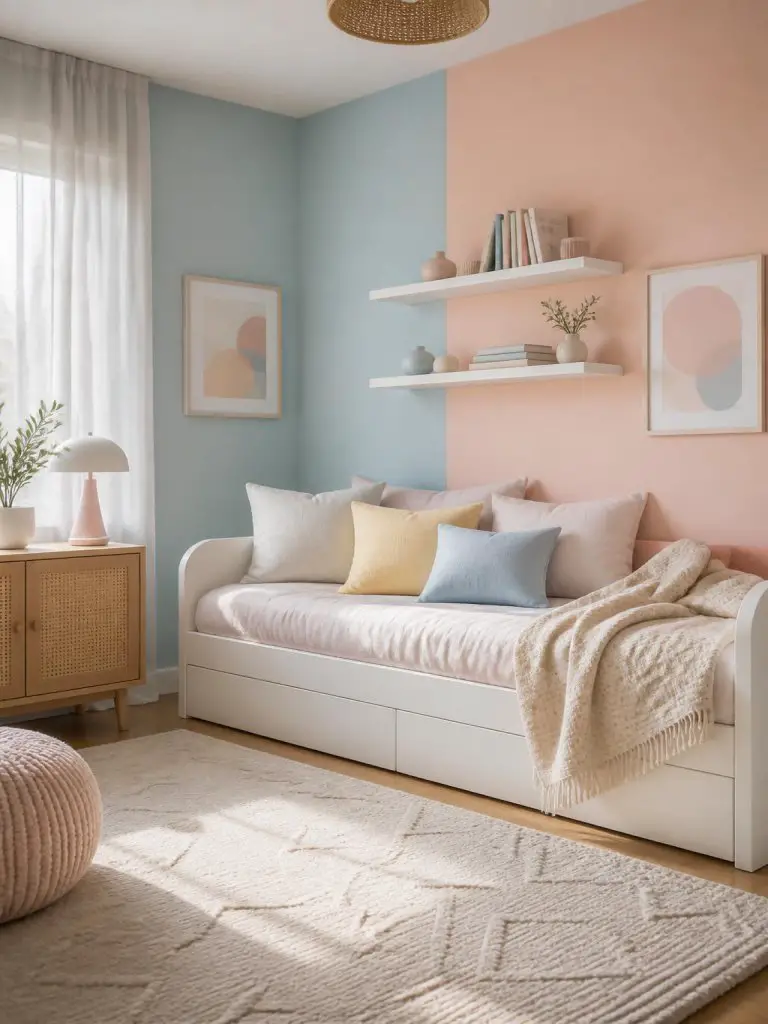 A soft pastel kids bedroom featuring a modern Scandinavian and playful minimalist aesthetic with vertically divided walls in powder blue and.